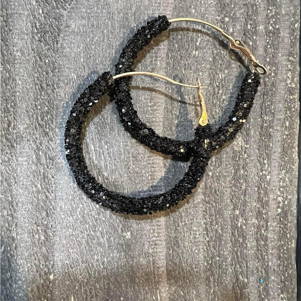 Black sparkly hoop earrings